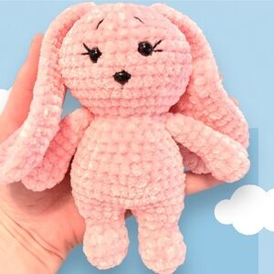 Handmade crocheted bunny floppy ear worried rabbit pink chenille stuffed animal